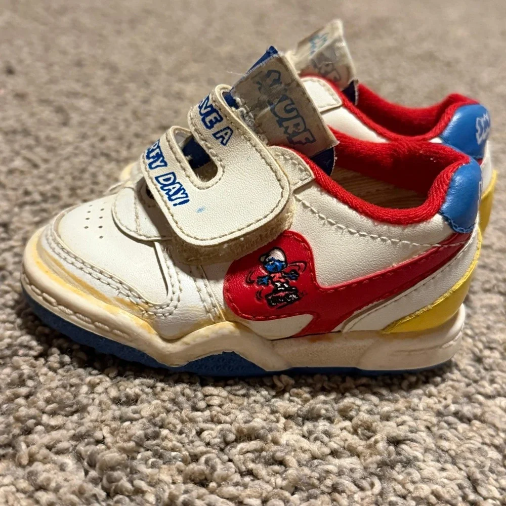 Vintage Smurfs Baby Shoes Hook Loop Sneakers Kids White Red Blue‎ Size 2
